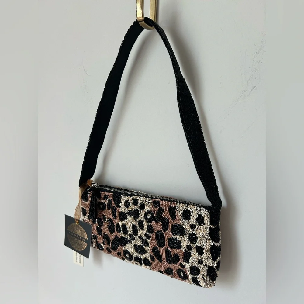 Beaded Cheetah Print Sequin Shoulder Bag